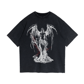 Fallen Angel Garment Dyed Streetwear Tee 260GSM Black Cotton With Faded Raw Hem