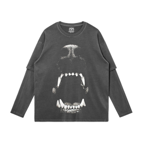 Dog Bite Streetwear Faux Layered Long Sleeve Tee In Faded Dark Grey 230 GSM Durable True To Size