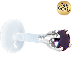 16G 5/16 Solid 14K White Gold 3mm Amethyst Cubic Zirconia Bioplast Tragus Earring Stud