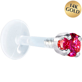 16G 1/4 Solid 14K White Gold 3mm Red Cubic Zirconia Bioplast Tragus Earring Stud