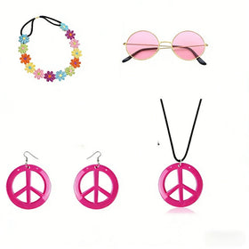 PESENAR 60s Hippie Costume Accessory Set with Flower Headband, Pink Sunglasses and Peace Sign Jewelry