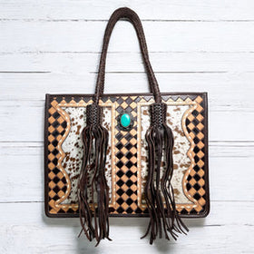 BROWN CHECKER TOOLED & COWHIDE FRINGE TOTE BAG