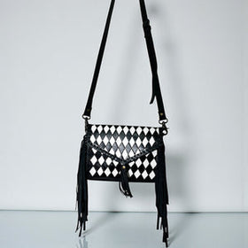 CHECKERED TOOLED LEATHER FRINGE CROSSBODY BAG