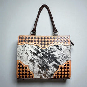 BROWN CHECKER TOOLED & COWHIDE TOTE BAG
