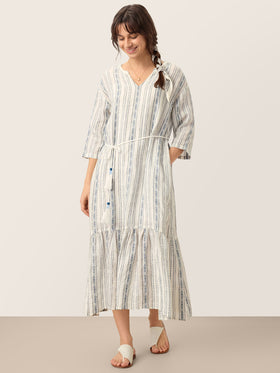 Linen Tribal Stripe Split Neck Bohemian Ruffle Midi Dress with Woven Belt and Slip MARLOWE