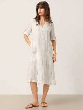 Linen Striped Notch Neck Tab-Cuff Bohemian Midi Dress ALTHEA