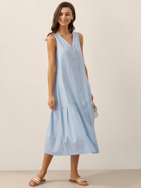 Linen Vacation Sleeveless V-Neck Mid-Length Dress CELINE