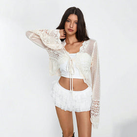 Blouse V neck Lace up Cropped Knitted Sweater Women Hollow Out Cutout Long Sleeved Sun Proof Cardigan Coat