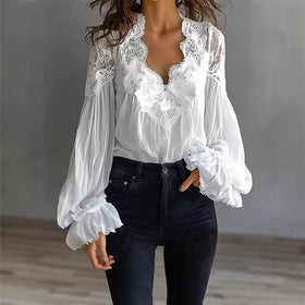 Women Lace Stitching Puff Sleeve Pleated Shirt