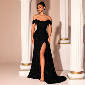 Strapless Black Evening Dress Sequined Slim Fit Slimming Fishtail Bridal Toast Dress Cocktail Evening Dress