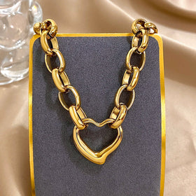 Golden Stainless Steel Irregular Hollow Heart Pendant Necklace