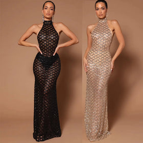 Envy NYC Sexy Backless Halter Mermaid Dress