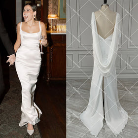 Envy NYC Belle Open Back Draped Satin Sheath Wedding Gown