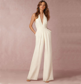 Women Deep V-neck Sleeveless Halter Wide Leg Jumpsuit