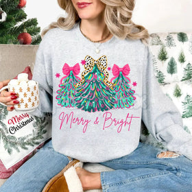 The Pink Christmas Aesthetic: "Merry & Bright" Tree Sweatshirt with Festive Lights & Bows