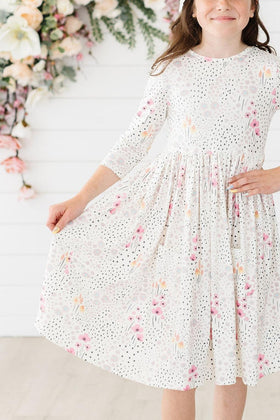 SALE Whimsical Wildflowers 3/4 Sleeve Pocket Twirl Dress