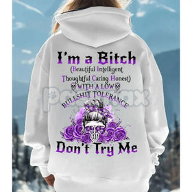 "Yes I’m a B Flower Skull" All Over Print Hoodie – "Don't Try Me I'm The B*tch" Gen X Statement Pullover, Unisex Edgy Streetwear