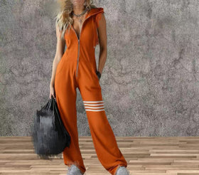 Women's Sporty Retro Lace-Up Striped Sleeveless Hooded Jumpsuit – Wide Flare Leg