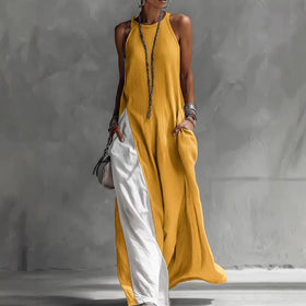 Women's Sleeveless Loose Contrast Color Dress with Pockets