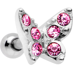 16G Pink Gem Silver Tone Butterfly Tragus Cartilage Earring