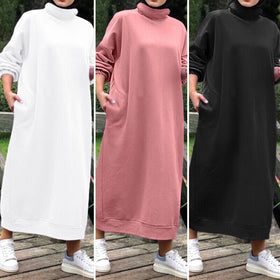 Autumn Winter Lined Turtleneck Maxi Dress | Casual Sweatshirt Dress with Elastic Cuffs (MS138)