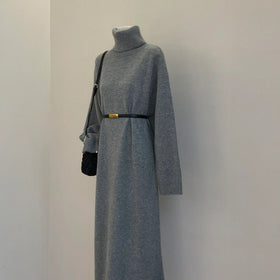 Autumn Winter Turtleneck Knit Maxi Dress | Elegant Lazy Style Grey Long Sleeve Sweater Dress(MS131)