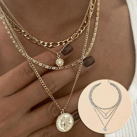 Mandotos Chunky Gold Layered Necklace With Coin Pendant And Sun Charm For Women