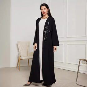 Black & Silver Embroidered Open Front Robe - Modest Elegant Abaya(MOA216)