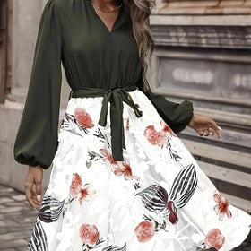 Ladies' Fashion Printed V-neck Waist Strap Casual Dress