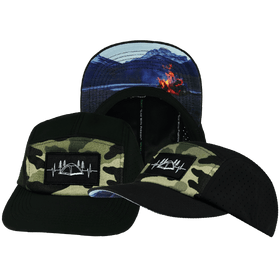 Camping Hat - 5 Panel - Black / Green Camo - Laser Mesh