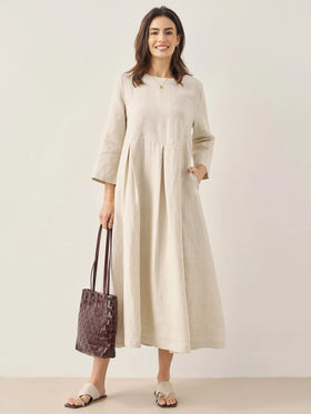 100% Linen Bateau Neck Pleated Maxi Dress ABIGAIL