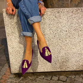 Women's Suede Pointed Toe Tassel Flats – Shallow Mouth Low Heel Casual Shoes