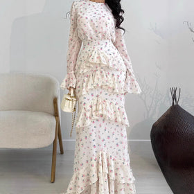 Elegant Romantic Floral Chiffon Fishtail Ruffled Long Sleeve Dress Maxi Dress Abaya(MA212)