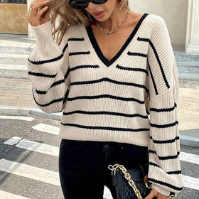 Women’s Striped V-Neck Sweater with Back Bow
