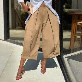 Women's Solid Color Cotton Wide Leg Cropped Pant
