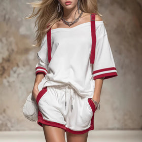 Women's Summer Contrast Color-Block Patchwork Shorts Set – 2-Piece