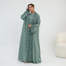 Floral Lace Trim Open Abaya & Sleeveless Inner Dress Set(MOA312)