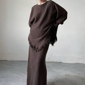 Fringed Knit Set With Batwing Sleeve Sweater And Midi Skirt (MS172)