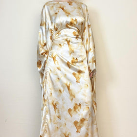 Golden Marble Print Satin Dress | Bell Sleeve Maxi with Adjustable Drawstring Waist (MA244)