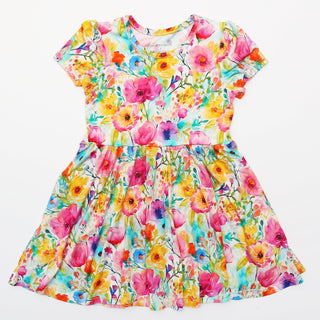 Golden Blooms - Girls Short Sleeve Bamboo Twirl Dress