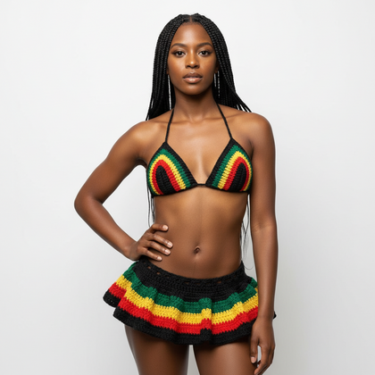 Stitched by Spice Handmade Jamaica Rasta Crochet Bikini 4-Piece Set with Micro Mini Skirt and Bucket Hat — main product shot