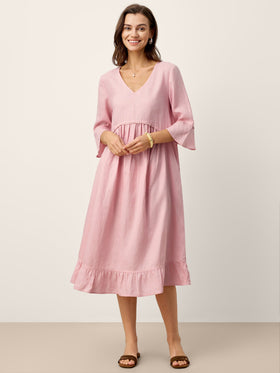 100% Linen V-Neck Ruffle Hem Midi Dress with Crochet Trim MARTHA