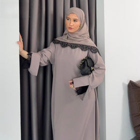 Lace Splice Nida Maxi Dress & Hijab Set(MA444)