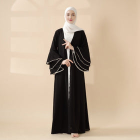 Modest Cardigan Black Robe Beaded Cuff Abaya with Layered Sleeves Elegant Design(MOA136)