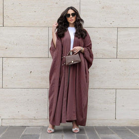 V-Neck Abaya Cardigan Robe | Bat Sleeve Kimono Cover-Up With Pearl Buttons (MOA226)