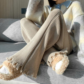 Ribbed Knit Frayed Wide Leg Pants | High Waist Drawstring Flare Pants(MS164)