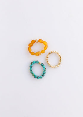 Natural Turquoise + 14k Gold Filled + Honey Amber || Ring Set Trio ||