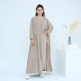 Solid Color Puff Sleeve Layered Maxi Dress Robe Dress Two-Piece Set (MOA165)
