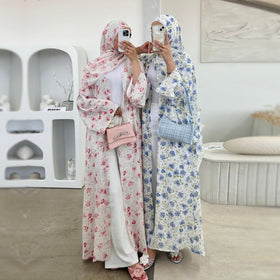 Spring Summer Floral Print Chiffon Cardigan | Double-Layer Modest Cover-Up Abaya (MOA170)