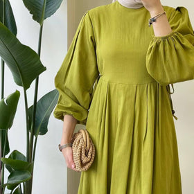Tie-Waist Bubble Sleeve Abaya | Pleated Maxi Dress Abaya with Back Zip (MA364)